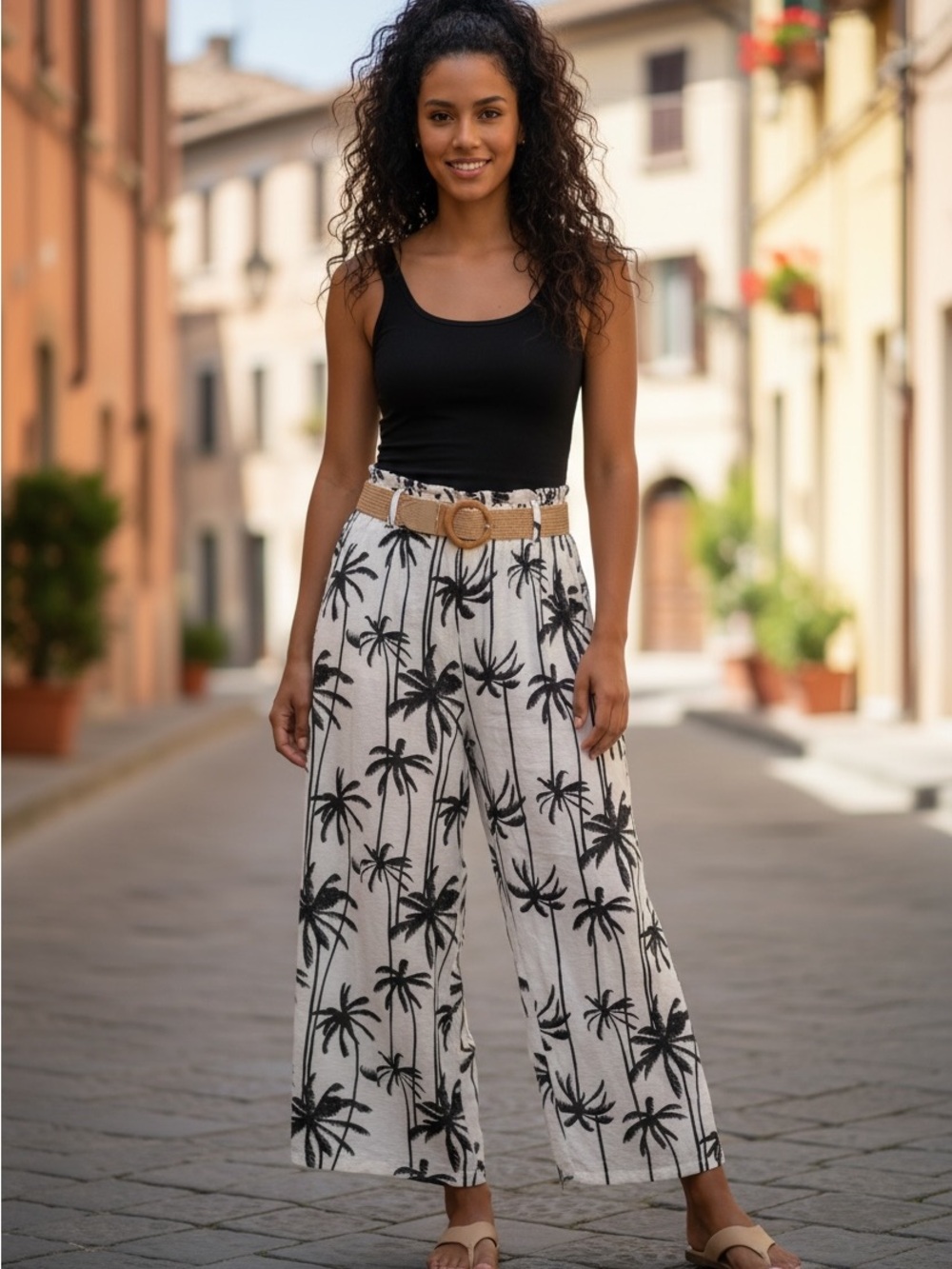 Made in Italy Wide-Leg Palm Print Linen Pants
